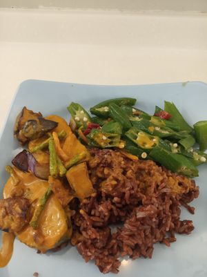 Brown rice with lady finger and mock fish $3.40 at Eight Immortals Vegetarian 八仙素食园 - Choa Chu Kang in West Singapore