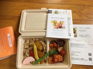 The bento comes in a mostly paper package (it’s lined with plastic) at Midorie in Tokyo