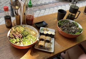 kumo donburi, avo, mango and spinach sushi and tofu salad  at YUZU in Istanbul