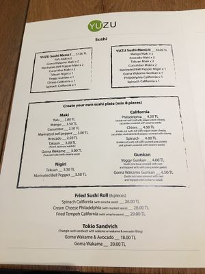 Sushi menu at YUZU in Istanbul