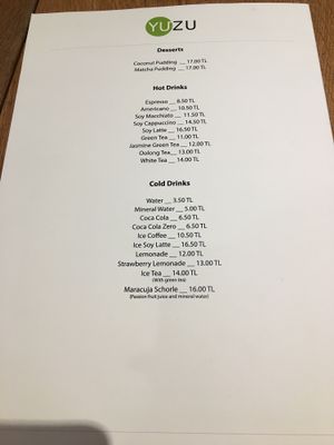 Drinks menu  at YUZU in Istanbul