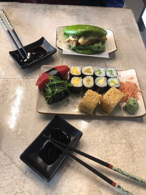 Sushi set and spinach bun at YUZU in Istanbul
