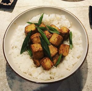 Glazed tofu with steamed rice at YUZU in Istanbul