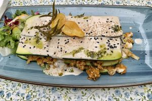 Délicieuse lasagnes (raw vegan) at Nishta in Dubrovnik