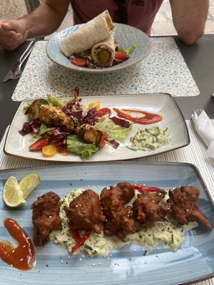 Falafel wrap, tofu kebab and vegetable pakoras  at Nishta in Dubrovnik
