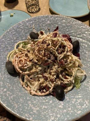Raw sweet potato spaghetti alfredo. Ordering and eating this was such a treat! The sauce was mind blowing. Loved every bite (:  at Nishta in Dubrovnik