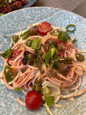 Raw sweet potatoe spaghetti with cashew Alfredo sauce at Nishta in Dubrovnik