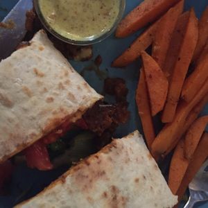 bean burger and sweet potato fries at Nishta in Dubrovnik