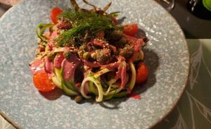 Purple spaghetti at Nishta in Dubrovnik