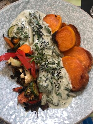 Baked sweet potato with creamy Swiss chars and Mediterranean vegetables from the Monday menu at Nishta in Dubrovnik