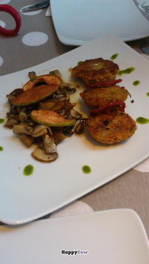 appetizer: lentil patties and mushroom stir-fry at Nishta in Dubrovnik