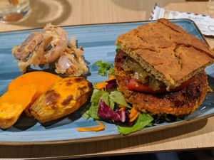 Millet burger with gluten free focaccia bread bun (bread was a bit dense and dry) at Nishta in Dubrovnik