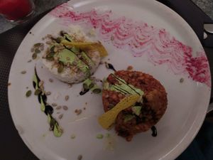 red lentil ragout and white rice at Délices Veggies in Metz