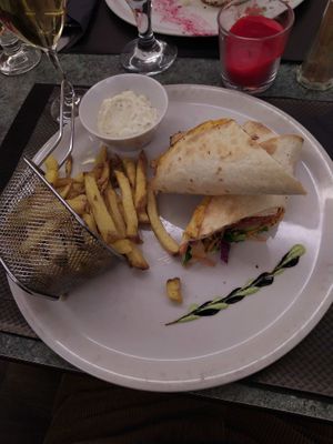 beans and rice patty wrap with fries at Délices Veggies in Metz