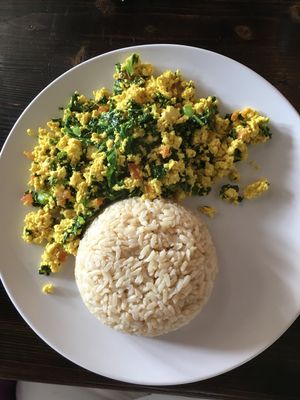 Tofu scrabble with kale and a side of brown rice.  Delicious! at Nick's Kitchen in Daly City