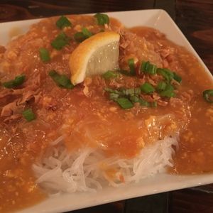 Vegan pancit palabok (rice noodles w/ annatto gravy). Yum! at Nick's Kitchen in Daly City