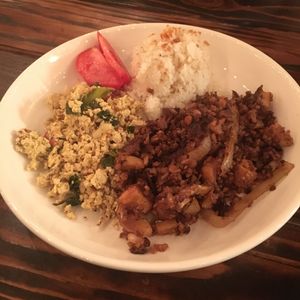 Vegan corned beef w/ tofu scramble & garlic rice. Yum! at Nick's Kitchen in Daly City