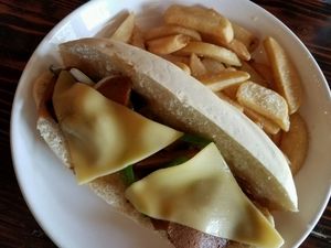 Philly cheesesteak sandwich with housemade fries - yummy at Nick's Kitchen in Daly City