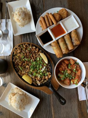 Sample platter appetizer- sisig- calderetta- garlic rice  at Nick's Kitchen in Daly City