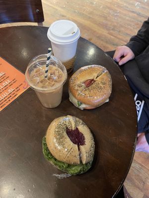 Vegan delight breakfast sandwhich (bottom) at Rocky Mountain Bagel in Canmore
