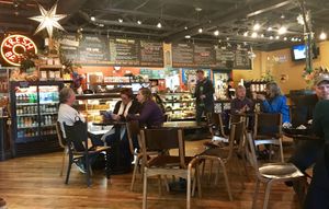 Cute little place to take my vegan cappuccino 🤩 at Rocky Mountain Bagel in Canmore