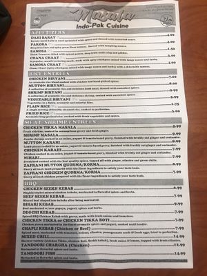 Menu at Masala Indo-Pak Cuisine in Loma Linda