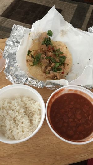 2 Jackfruit tacos, rice and pinto beans (other taco not pictured cause I ate it before the pic) at Jackfruit Cafe in West Los Angeles