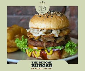 Our 'Beyond Filthy' burger with sweetcorn fritter, fried mushrooms and caramelised balsamic onions at New Leaf Eatery in Siem Reap