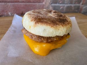 'OmniMuffin' with Omnimeat pattie, vegan muffin and Violife cheese at New Leaf Eatery in Siem Reap