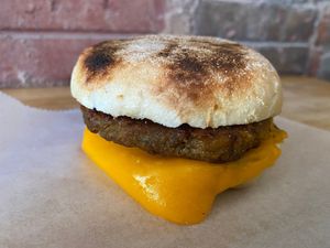 'BeyondMuffin' with Omnimeat pattie, vegan muffin and Violife cheese at New Leaf Eatery in Siem Reap