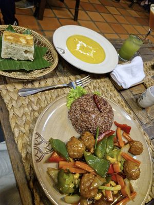 Omni stir fry and pumpkin soup   at New Leaf Eatery in Siem Reap