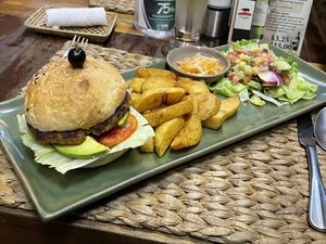 Spiced bean burger and chips, $5.75  at New Leaf Eatery in Siem Reap