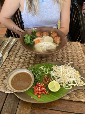 Vegetable noodle soup with vegan omni meat balls  at New Leaf Eatery in Siem Reap