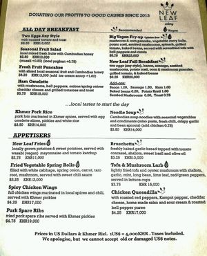 Menu page 1 at New Leaf Eatery in Siem Reap