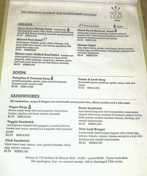 Menu page 2 at New Leaf Eatery in Siem Reap