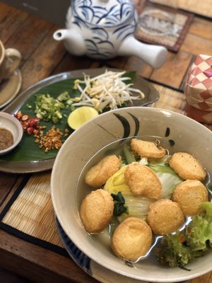 Vegan Cambodian breakfast soup with a pot of fresh ginger tea (tea not on the menu but we’re happy to make it for me)  at New Leaf Eatery in Siem Reap