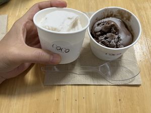 Tiny cup of coconut ice cream (very pricy for one bite, seriously? 😳 😐 )  at Coco Corner in Chiang Mai
