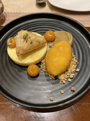 Saffron cream cheese Samosa dessert   at Burma Burma in New Delhi