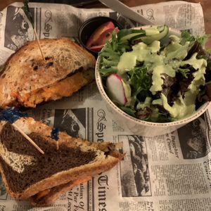 Corned beef sandwich with a side salad (and a pickled egg on the side). at Prohibition Kitchen in St Augustine