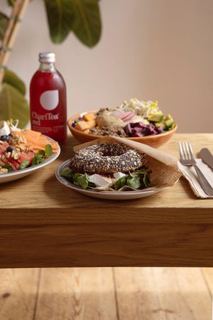 Ziegenkäse Bagel & Süßkartoffel Quinoa Bowl at Brocca Cafe in Berlin