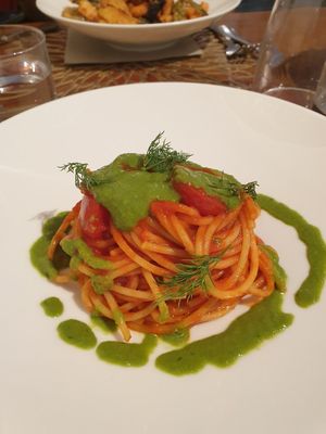Taste of the Sea (spaghettone in spicy Naga pepper sauce, with tomatoes preserved in sea water) €15.00 at Il Margutta in Rome