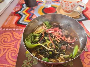 Spicy Tofu & Tahini Roasted Mushroom Ramen at Vegan Revelation in Belper