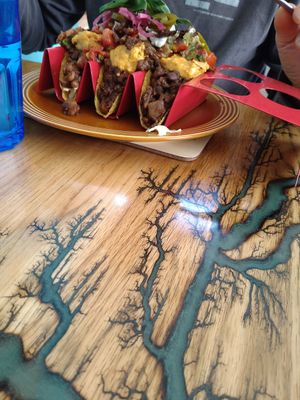 Beany chilli tacos with a cashew cheese sauce. Bottom layer is salad and tofu lardons!! 😍 at Vegan Revelation in Belper