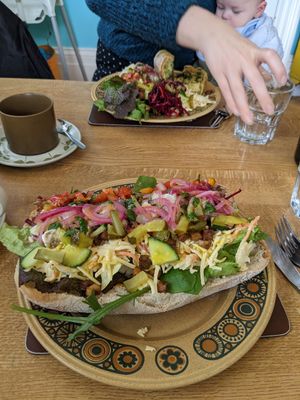 New York deli ciabatta - big portion, very tasty. Fresh veg from local source, picked the same day at Vegan Revelation in Belper