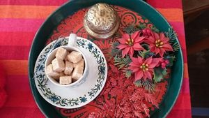 How posh! Sugar cubes, serving tongues and a bell to ring for service at Vegan Revelation Café, Belper. at Vegan Revelation in Belper
