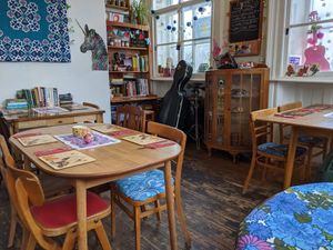 Inside the restaurant and tables. at Vegan Revelation in Belper
