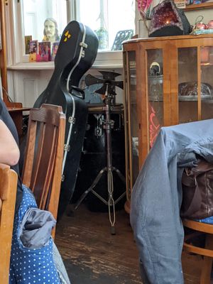 Music instruments for the gig later that night!  at Vegan Revelation in Belper