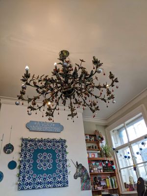 Chandelier on the ceiling!  at Vegan Revelation in Belper
