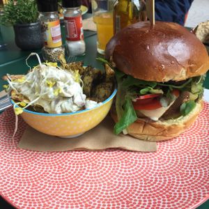 Beyond meat burger with potato wedges at Greenway in Leuven