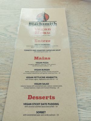 Vegan menu at The Blacksmith Eatery and Bar in Auckland